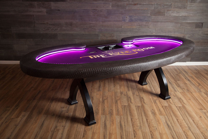 The Lumen HD Poker Table, Premium Vinyl Armrest, Dealer Tray, No Cupholders. and Custom Printed Velveteen Playing Surface