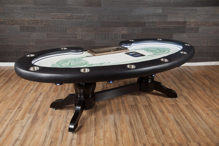 The Lumen HD Poker Table With Black Napa Style Legs, Standard Black Vinyl Armrest, Dealer Tray, Deckmate Shuffler, Stainless Steel Cupholders. and Custom Printed Velveteen Playing Surface Using Our In Stock Money Template