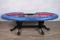 The Lumen HD Poker Table With Black Heritage Style Legs, Premium Blue Vinyl Armrest, Dealer Tray, Stainless Steel Cupholders. and Custom Printed Velveteen Playing Surface Using Our Freedom Template