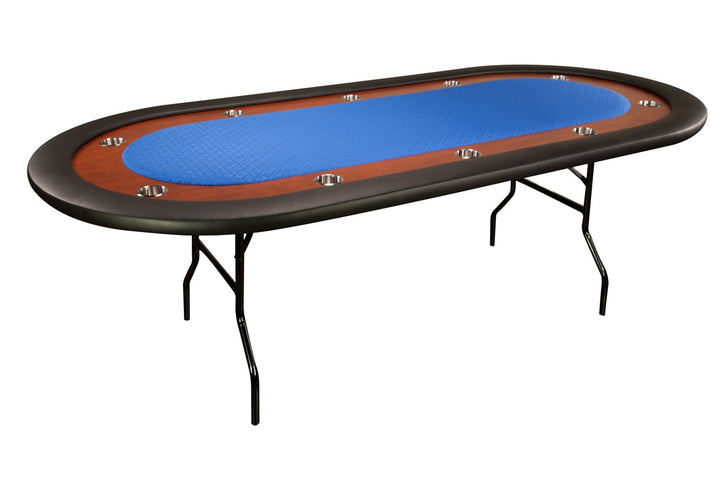 The Ultimate Custom Poker Table With Standard Black Vinyl Armrest, Stainless Steel Cupholders, and Blue Suited Speed Cloth Playing Surface