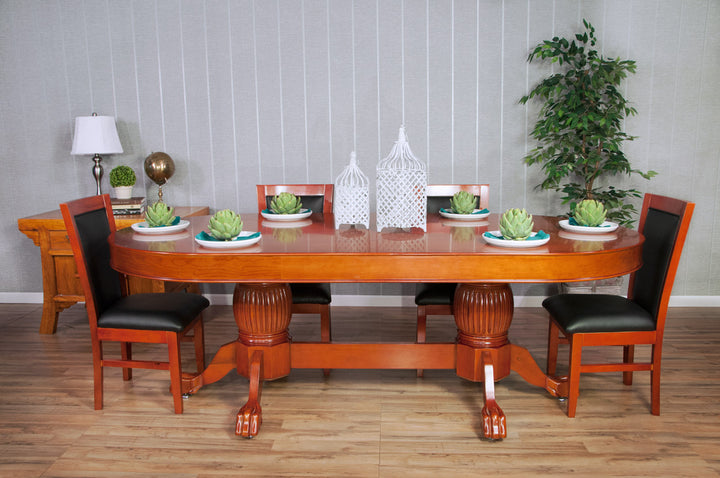 The Elite Custom Poker Table With Black Racetrack, Shown With Mahogany Dining Top and Mahogany Dining Chairs