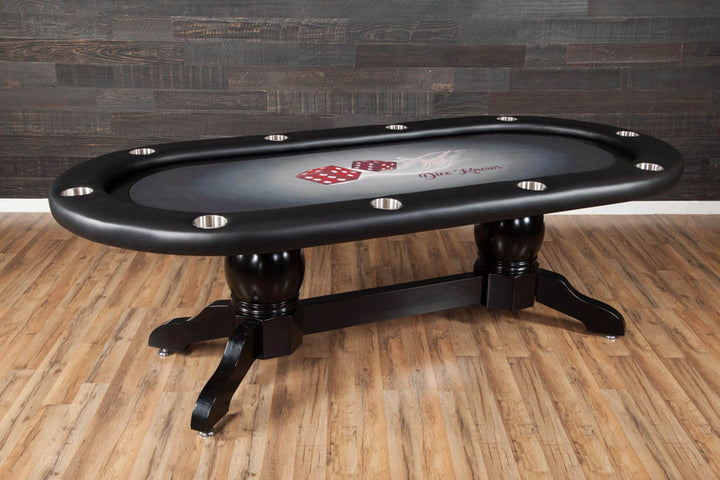 The Elite Custom Poker Table With Black Racetrack, Black Napa Style Legs, Standard Black Vinyl Armrest, Stainless Steel Cupholders. and Custom Printed Velveteen Playing Surface