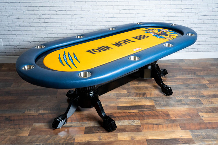 The Elite Custom Poker Table With Black Racetrack, Black Heritage Style Legs, Premium Vinyl Armrest, Stainless Steel Cupholders. and Custom Printed Velveteen Playing Surface