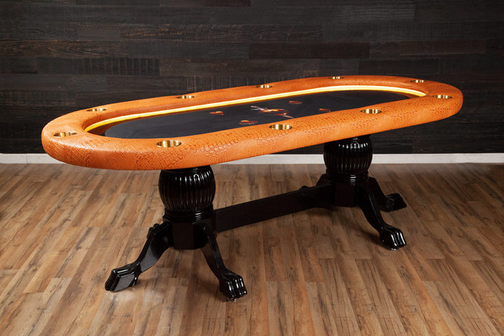 The Elite Alpha (LED) Custom Poker Table With Black Heritage Style Legs, Premium Wild Croc Vinyl Armrest, Brass Cupholders. and Custom Printed Velveteen Playing Surface