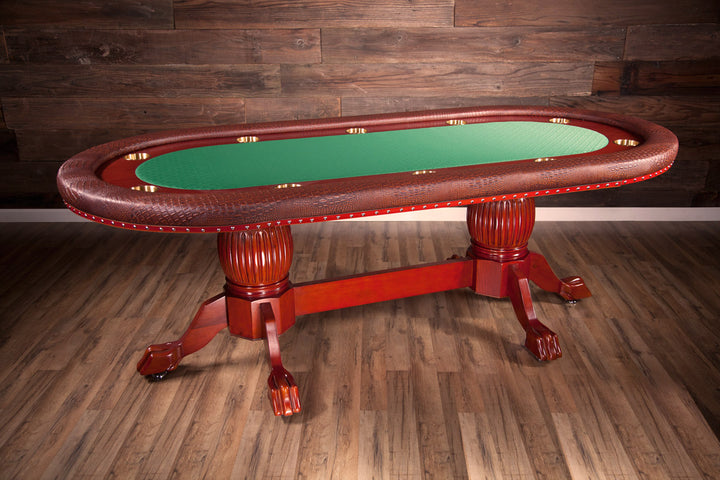 Rockwell Poker Table, Heritage Style Legs, Wild Crock Vinyl Armrest, Brass Cupholders, and Green Suited Speed Cloth.