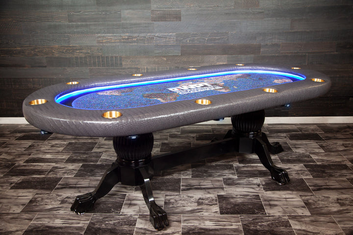 The Elite Alpha (LED) Custom Poker Table With Mahogany Heritage Style Legs, Premium Vinyl Armrest, Brass Cupholders. and Custom Printed WPT Velveteen Playing Surface