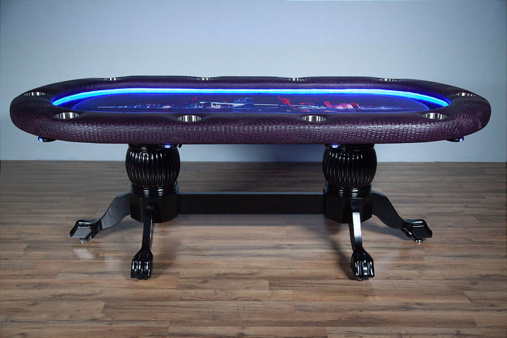 The Elite Alpha (LED) Custom Poker Table With Black Heritage Style Legs, Premium Wild Croc Vinyl Armrest, Stainless Steel Cupholders. and Custom Printed Velveteen Playing Surface