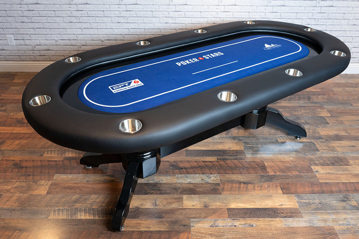 The Elite Alpha (LED) Custom Poker Table With Black Heritage Style Legs, Standard Black Vinyl Armrest, Stainless Steel Cupholders. and Custom Printed Velveteen Playing Surface Done For Poker Stars