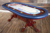 Rockwell Poker Table, Heritage Style Pedestal Legs, Capote Blue Vinyl Armrest, Brass Cupholders, and Custom Graphics Casino De Paris Template Playing Surface. 