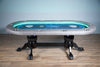 The Elite Alpha (LED) Custom Poker Table With Mahogany Heritage Style Legs, Premium Vinyl Armrest, Stainless Steel Cupholders. and Custom Printed Velveteen Playing Surface - Yates Poker Room Design