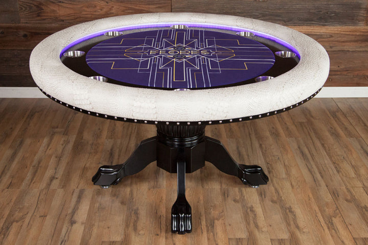 The Ginza LED Custom Poker Table, Black Duke Style Pedestal Legs, Premium White Wild Croc Vinyl Armrest, Stainless Steel Cupholders. and Custom Printed Playing Surface