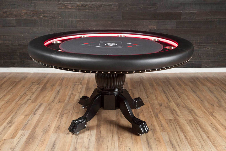 The Ginza LED Custom Poker Table, Black Duke Style Pedestal Legs, Standard Black Vinyl Armrest, Stainless Steel Cupholders. and Custom Printed Playing Surface Side View.