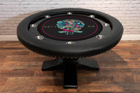 The Ginza LED Custom Poker Table, Black Melvin Style Pedestal Legs, Standard Black Vinyl Armrest, Stainless Steel Cupholders. and Custom Printed Velveteen Playing Surface