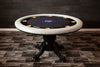 The Nighthawk Custom Poker Table, Black Heritage Style Pedestal Legs, Premium White Vinyl Armrest, Brass Cupholders. and Custom Printed Playing Surface