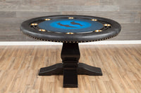 The Nighthawk Custom Poker Table, Black Melvin Style Pedestal Legs, Premium Wild Croc Vinyl Armrest, Brass Cupholders. and Custom Printed Playing Surface