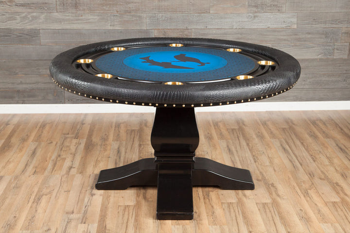 The Nighthawk Custom Poker Table, Black Melvin Style Pedestal Legs, Premium Wild Croc Vinyl Armrest, Brass Cupholders. and Custom Printed Playing Surface