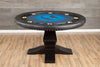 The Nighthawk Custom Poker Table, Black Melvin Style Pedestal Legs, Premium Wild Croc Vinyl Armrest, Brass Cupholders. and Custom Printed Playing Surface