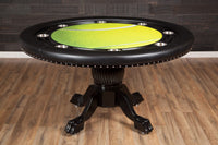 The Nighthawk Custom Poker Table, Black Heritage Style Pedestal Legs, Standard Black Vinyl Armrest, Stainless Steel Cupholders. and Custom Printed Playing Surface Of Tennis Ball