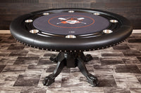 The Nighthawk Custom Poker Table, Black Heritage Style Pedestal Legs, Standard Black Vinyl Armrest, Stainless Steel Cupholders. and Custom Printed Playing Surface Pirate Theme