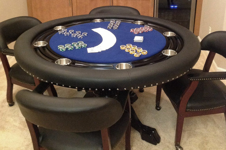 The Nighthawk Custom Poker Table, Black Heritage Style Pedestal Legs, Standard Black Vinyl Armrest, Stainless Steel Cupholders. and Blue Velveteen Playing Surface