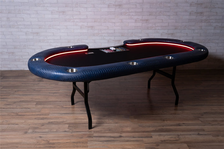 The Aces Pro Alpha Custom Poker Table, SAH Folding Legs, Dealer Tray, Wild Croc Sapphire Premium Vinyl Armrest, Stainless Steel Cupholders, and Black Suited Speed Cloth Playing Surface. 