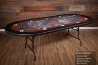 The Ultimate Custom Poker Table With Standard Black Vinyl Armrest, Stainless Steel Cupholders, and Custom Printed Playing Surface