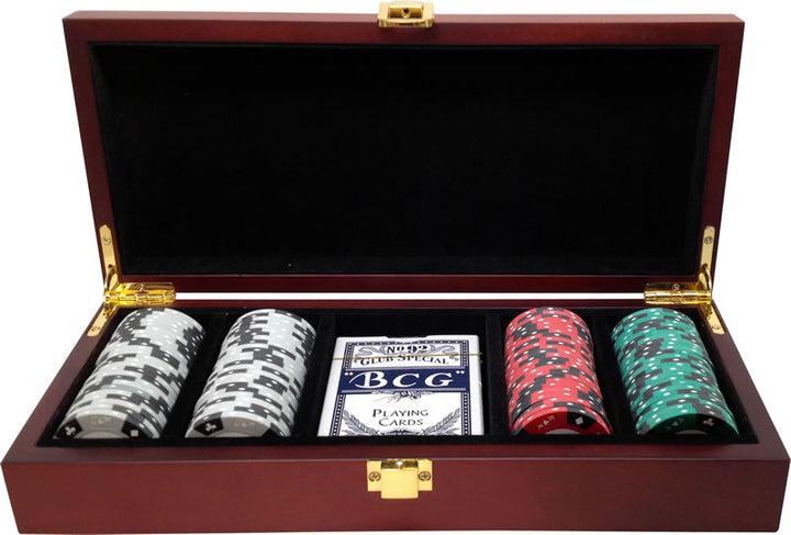 Custom Printed Mahogany Wood Poker Chip Set with 14 Gram Clay Ace King & Suits Poker Chips - 100 Chips