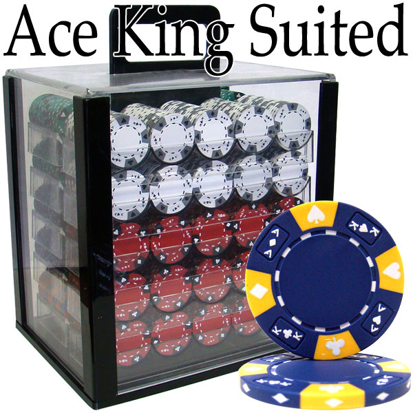 Ace King Suited 14 Gram Clay Poker Chips in Acrylic Carrier - 1000 Ct.