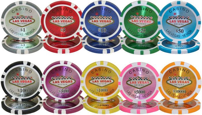 Las Vegas 14 Gram Clay Poker Chips in Acrylic Carrier - 1000 Ct.