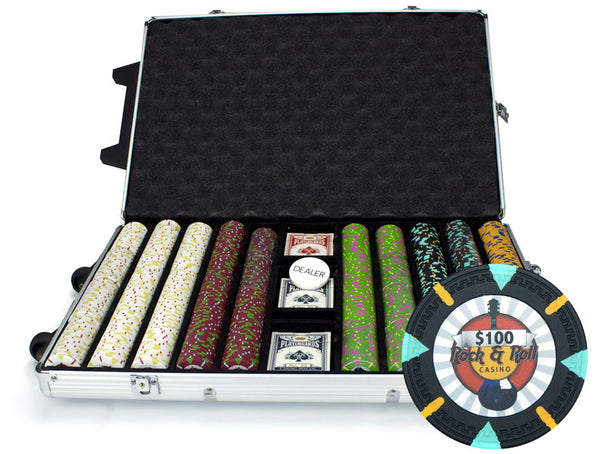 Rock & Roll 13.5 Gram Clay Poker Chips in Rolling Aluminum Case - 1000 Ct.