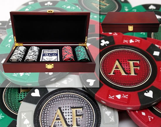 Custom Printed Mahogany Wood Poker Chip Set with 14 Gram Clay Ace King & Suits Poker Chips - 100 Chips