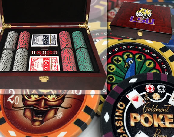 Custom Printed Mahogany Wood Poker Chip Set with 13 Gram Clay Infinity Poker Chips - 200 Chips