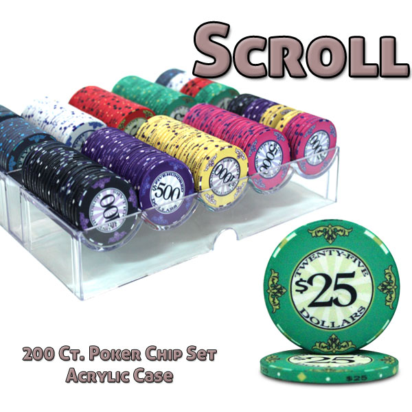 Scroll 10 Gram Ceramic Poker Chips in Acrylic Trays - 200 Ct.