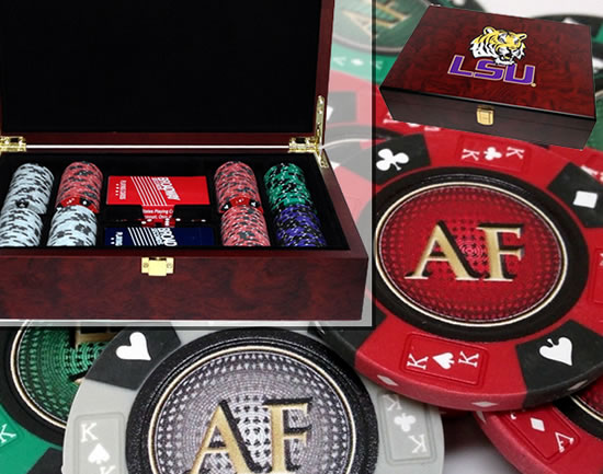 Custom Printed Mahogany Wood Poker Chip Set with 14 Gram Clay Ace King & Suits Poker Chips - 200 Chips