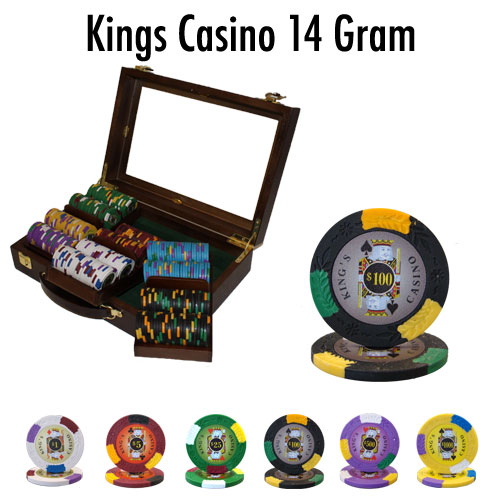 King&#039;s Casino 14 Gram Clay Poker Chips in Wood Walnut Case - 300 Ct.