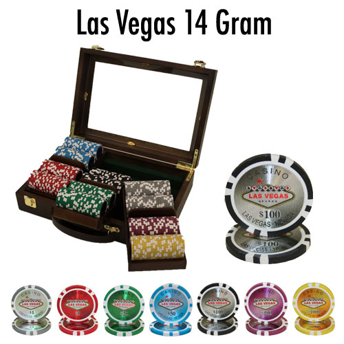 Las Vegas 14 Gram Clay Poker Chips in Wood Walnut Case - 300 Ct.