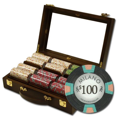 Milano 10 Gram Clay Poker Chips in Wood Walnut Case - 300 Ct.