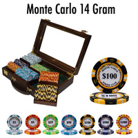 Monte Carlo 14 Gram Clay Poker Chips in Wood Walnut Case - 300 Ct.