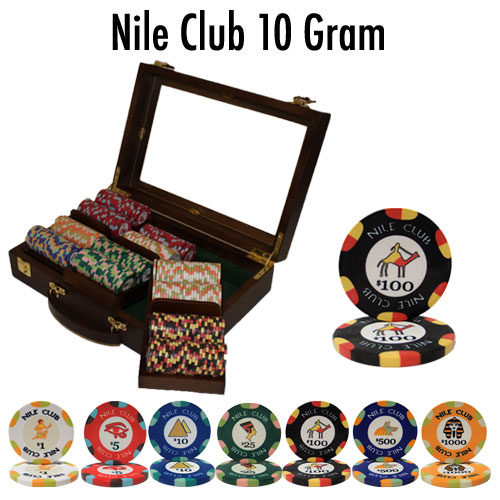 Nile Club 10 Gram Ceramic Poker Chips in Wood Walnut Case - 300 Ct.