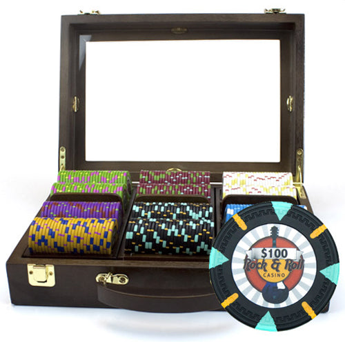 Rock & Roll 13.5 Gram Clay Poker Chips in Wood Walnut Case - 300 Ct.