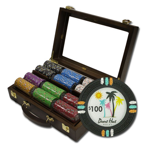 Desert Heat 13.5 Gram Clay Poker Chips in Wood Walnut Case - 300 Ct.