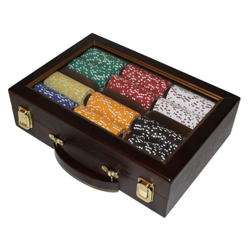 Coin Inlay 15 Gram Clay Poker Chips in Wood Walnut Case - 300 Ct.