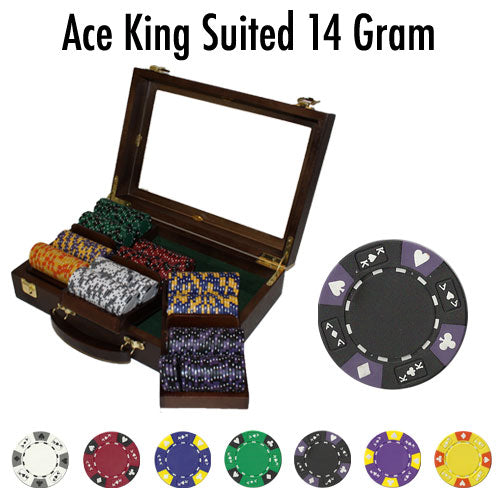 Ace King Suited 14 Gram Clay Poker Chips in Wood Walnut Case - 300 Ct.