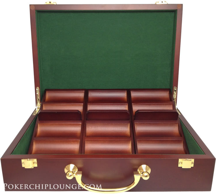 Custom Printed Mahogany Wood Poker Chip Set with 13 Gram Clay Infinity Poker Chips - 300 Chips