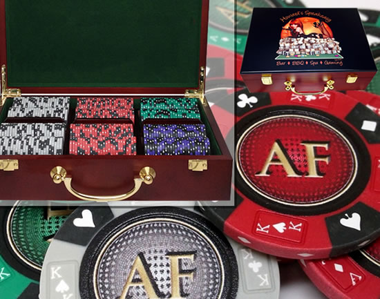 Custom Printed Mahogany Wood Poker Chip Set with 14 Gram Clay Ace King & Suits Poker Chips - 300 Chips