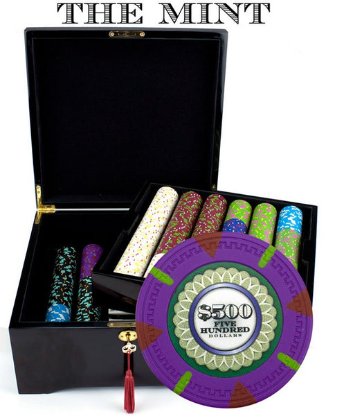 The Mint 13.5 Gram Clay Poker Chips in Wood Mahogany Case - 750 Ct.