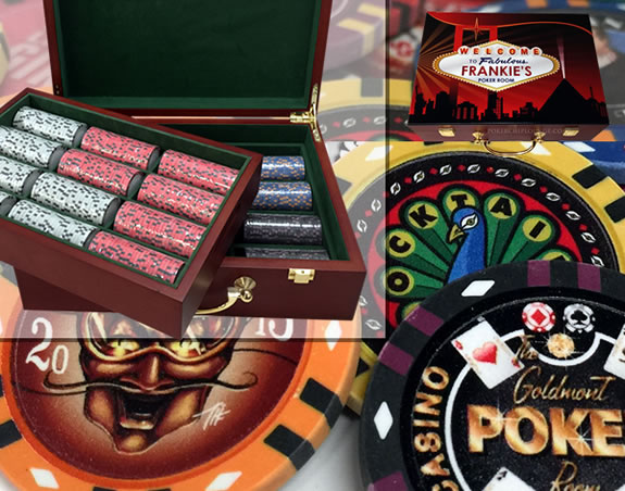 Custom Printed Mahogany Wood Poker Chip Set with 13 Gram Clay Infinity Poker Chips - 500 Chips