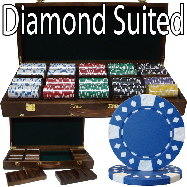 Diamond Suited 12.5 Gram ABS Poker Chips in Wood Walnut Case - 500 Ct.