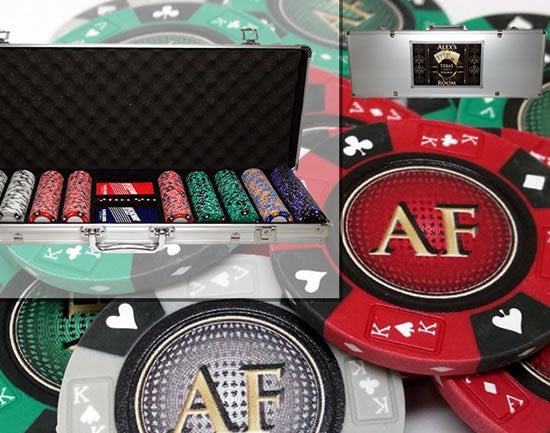 Custom Printed Aluminum Poker Chip Set with 14 Gram Clay Ace King & Suits Poker Chips - 500 Chips