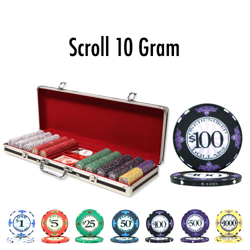 Scroll 10 Gram Ceramic Poker Chips in Black Aluminum Case - 500 Ct.